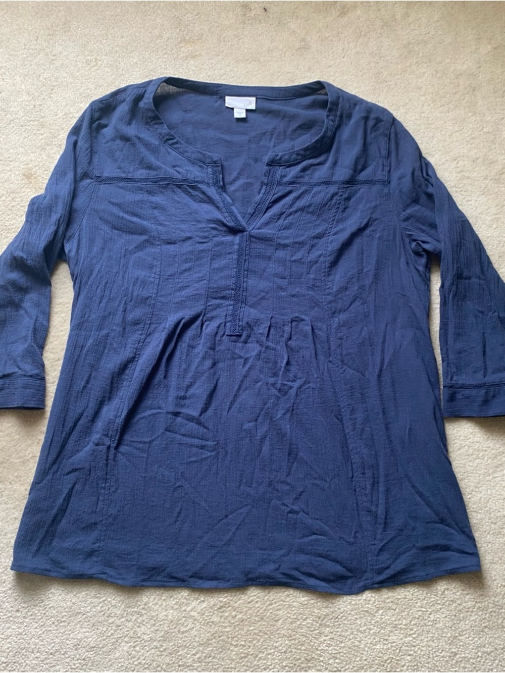 J Jill Split Neck Tunic Top Medium Blue 100% Cotton Boho Artsy Lightweight